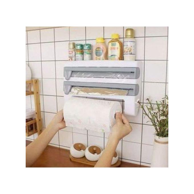 Organisateur de Cuisine Mural 3-en-1 – Distributeur de Papier, Aluminium & Film Étirable avec Étagère à Épices